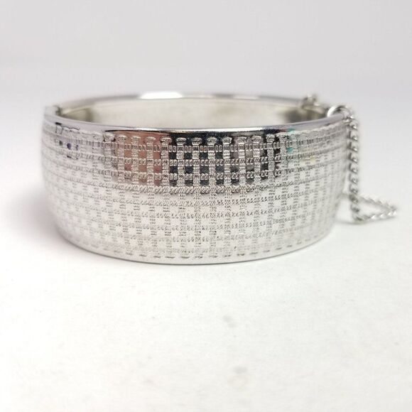 Vintage Wide Silver Tone Bangle Bracelet with Micro Square Design, Retro Hinged - Picture 2 of 7